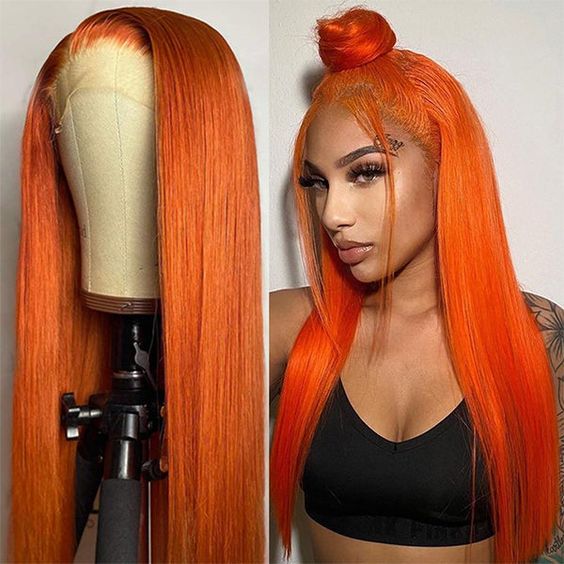 EN Ginger Orange Color Straight 13x4 Lace Front Human Hair Wig