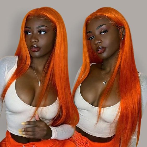 EN Ginger Orange Color Straight 13x4 Lace Front Human Hair Wig